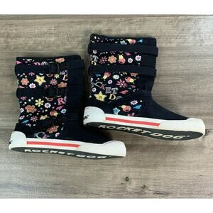 Rocket Dog Womens High Top Boots Sz 7 Black Canvas Floral Buckle Slip On Casual